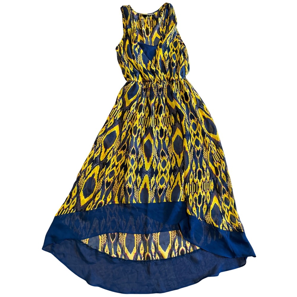 NWT Princess Vera Wang Bohemian Lux Hi Low Chiffon Dress XS Yellow Blue Print